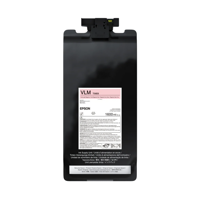 The Epson UltraChrome PRO12 Vivid Light Magenta Ink Bag (T56E620, 1.6L) features a pink label and top nozzle for easy use in SureColor pro printers. Archival pigment ink ensures exceptional print quality. Brand: Epson.