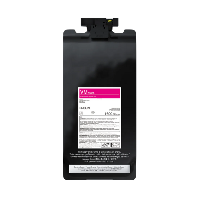 The Epson UltraChrome PRO12 Vivid Magenta Ink Bag, 1.6L (P20570 - T56E320), is designed for SureColor professional printers and features safety warnings and instructions on the packaging.