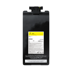 The Epson UltraChrome PRO12 Yellow Ink Bag, 1.6L (P20570 - T56E420), features a black design with a yellow label, top connector, and printed instructions—designed for SureColor professional printers.