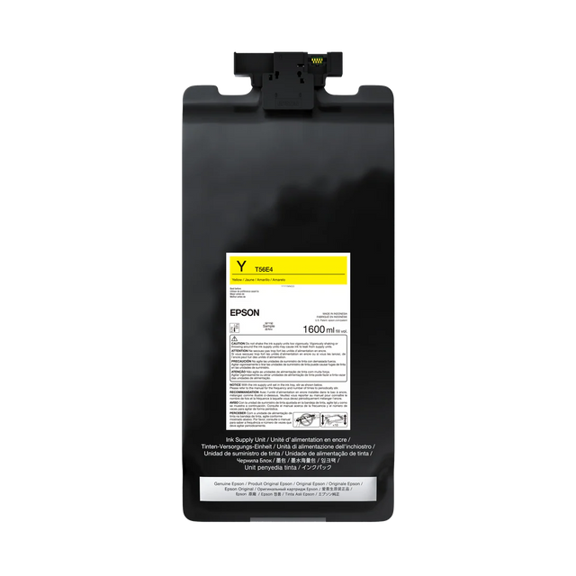 The Epson UltraChrome PRO12 Yellow Ink Bag, 1.6L (P20570 - T56E420), features a black design with a yellow label, top connector, and printed instructions—designed for SureColor professional printers.