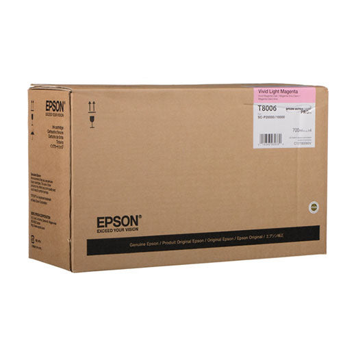 A pack of four Epson SureColor P10000/P20000 Vivid Light Magenta 700 ml ink cartridges (T80060V) features Epson UltraChrome PRO inks. The brown boxes display brand and product details in bold black text.