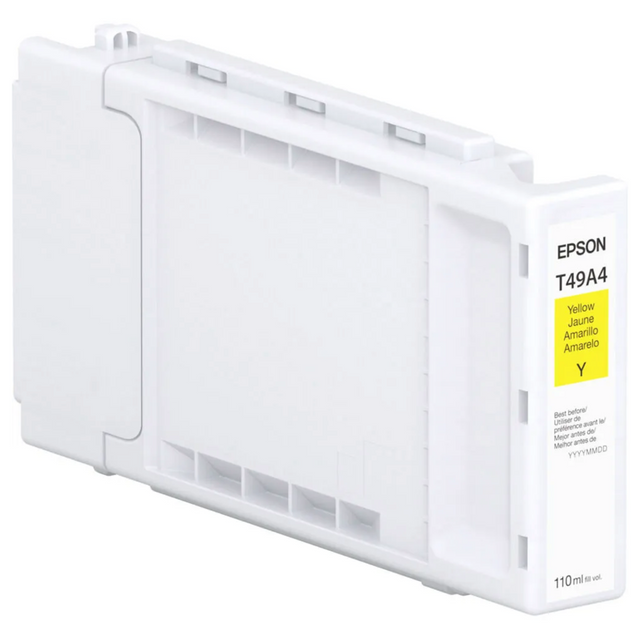 The Epson SureColor PRO6 Yellow UltraChrome PRO6 Ink Cartridge (110ml, T49A420) is a 6-colour pigment ink for professional photo printing. Its label includes multilingual text and is designed for Epson printers.