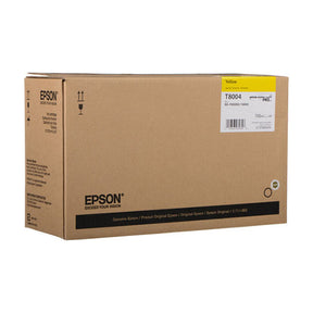 A brown Epson box labeled T80040V holds a 4 pack of genuine Epson SureColor P10000/P20000 Yellow Ink Cartridges (700ml), featuring Epson UltraChrome PRO inks for outstanding print quality.