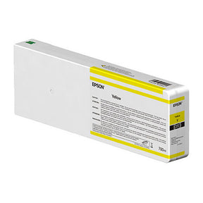 The Epson Yellow UltraChrome HD/HDX Ink Cartridge (T55K400) features a white rectangular body with a yellow label, holds 700ml of ink, and is designed for SureColor printers, highlighting improved resin encapsulation technology.