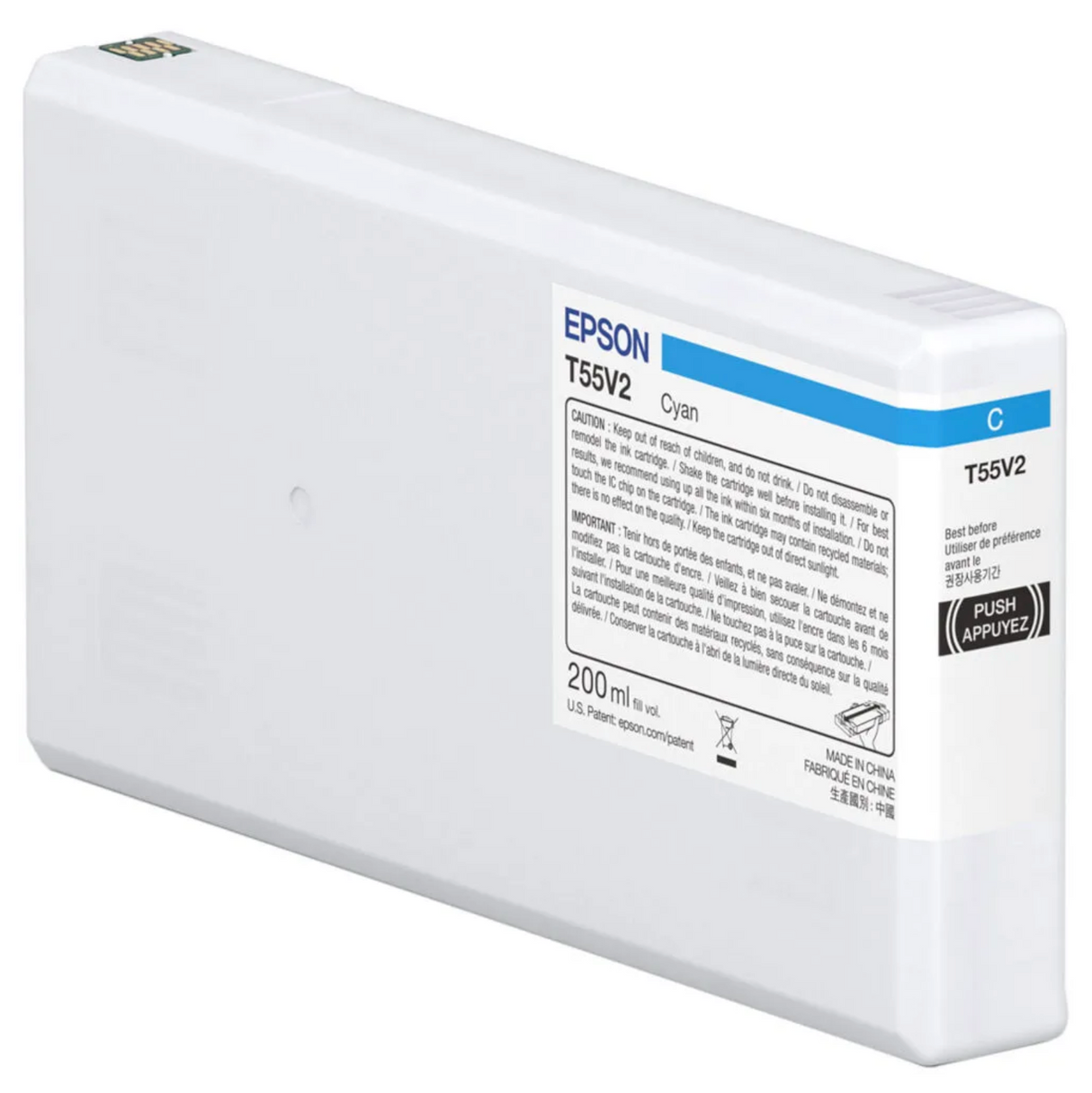 The Epson SureColor P5370 Cyan UltraChrome PRO10 Ink Cartridge (T55V200) by Epson features archival pigment ink and a 200 ml capacity, designed specifically for the SureColor P5370 printer.