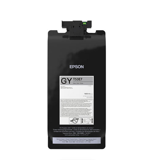 The Epson UltraChrome PRO6 Gray Ink Pack (1.6L, T53E720) is a black ink pack for SureColor P8570DL printers, featuring a white label with instructions and specs plus a top nozzle for easy use.