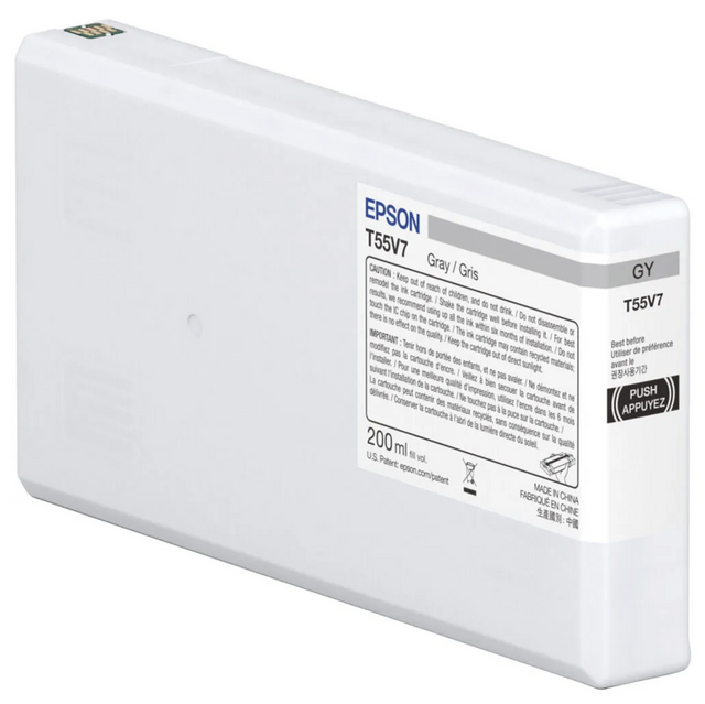 The Epson SureColor P5370 Gray UltraChrome PRO10 Ink Cartridge (T55V700) by Epson holds 200 ml of archival pigment ink, features a rectangular shape, white info label, caution text, and a PUSH button on the right side.