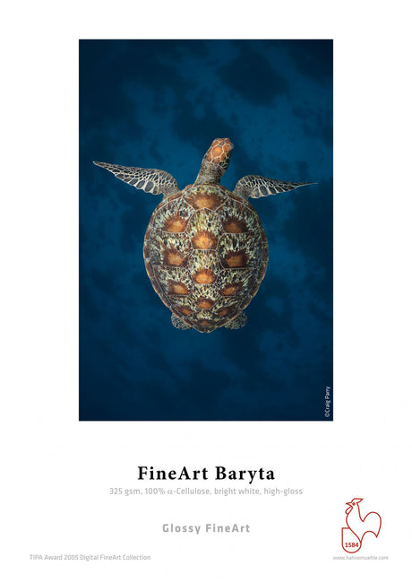A sea turtle swims in deep blue water, seen from above. The image is framed with a white border, features "Hahnemühle Fine Art Baryta" and product details below the turtle, plus a red rooster logo in the lower right corner. Brand: Hahnemuhle.