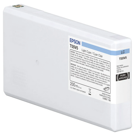 The Epson SureColor P5370 Light Cyan UltraChrome PRO10 Ink Cartridge (T55V500) by Epson features a 200 ml capacity, archival pigment ink, and a white body with blue label, designed for the P5370 and labeled in multiple languages.