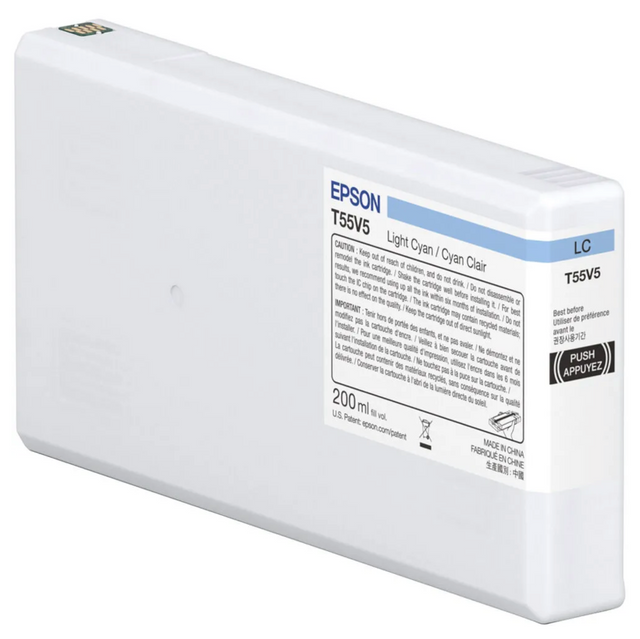 The Epson SureColor P5370 Light Cyan UltraChrome PRO10 Ink Cartridge (T55V500) by Epson features a 200 ml capacity, archival pigment ink, and a white body with blue label, designed for the P5370 and labeled in multiple languages.