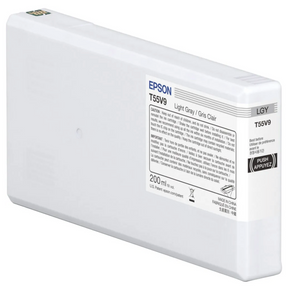 The Epson SureColor P5370 Light Gray UltraChrome PRO10 Ink Cartridge (200 ml, T55V900) features a white rectangular body, detailed label highlighting archival pigment ink, and is compatible with Epson SureColor P5370 printers.