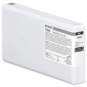 The Epson SureColor P5370 Matte Black UltraChrome PRO10 Ink Cartridge (T55V800) by Epson features archival pigment ink in a 200 ml capacity, housed in a rectangular white body with a black label detailing its specs.