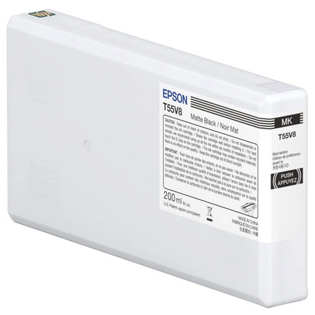 The Epson SureColor P5370 Matte Black UltraChrome PRO10 Ink Cartridge (T55V800) by Epson features archival pigment ink in a 200 ml capacity, housed in a rectangular white body with a black label detailing its specs.