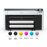 The Epson SureColor P8570D 44-Inch Wide-Format Dual Roll Printer features a display screen, automatic dual roll switching, and six color indicators for Photo Black, Matte Black, Yellow, Magenta, Cyan, and Gray.