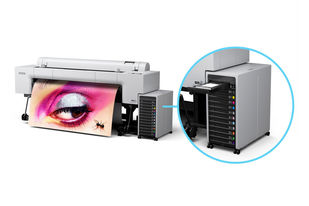 Epson Large format printer SureColor P20570 64" Professional Printer with a close-up of its ink cartridge compartment on a white background
