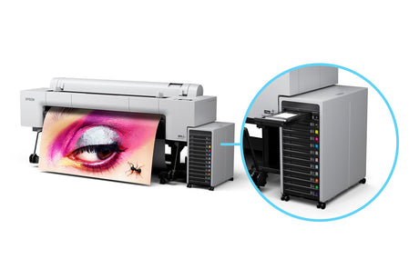 Epson Large format printer SureColor P20570 64" Professional Printer with a close-up of its ink cartridge compartment on a white background