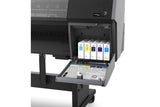 Close-up of the Epson SureColor P7370 24" Wide Printer (SCP7370SE) by Epson with its ink compartment open, showing six UltraChrome PRO10 Ink cartridges and a tray featuring instructions and warning symbols.