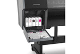 Close-up of the Epson SureColor P7370 24" Wide Printer (SCP7370SE) by Epson, showing its open ink cartridge compartment with six UltraChrome PRO10 cartridges and a detailed diagram on the inside of the door.