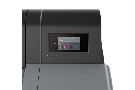 A close-up of the Epson SureColor P7370 24" Wide Printer’s sleek black and gray control panel, showing the color ink status screen and status icons on its small digital display.