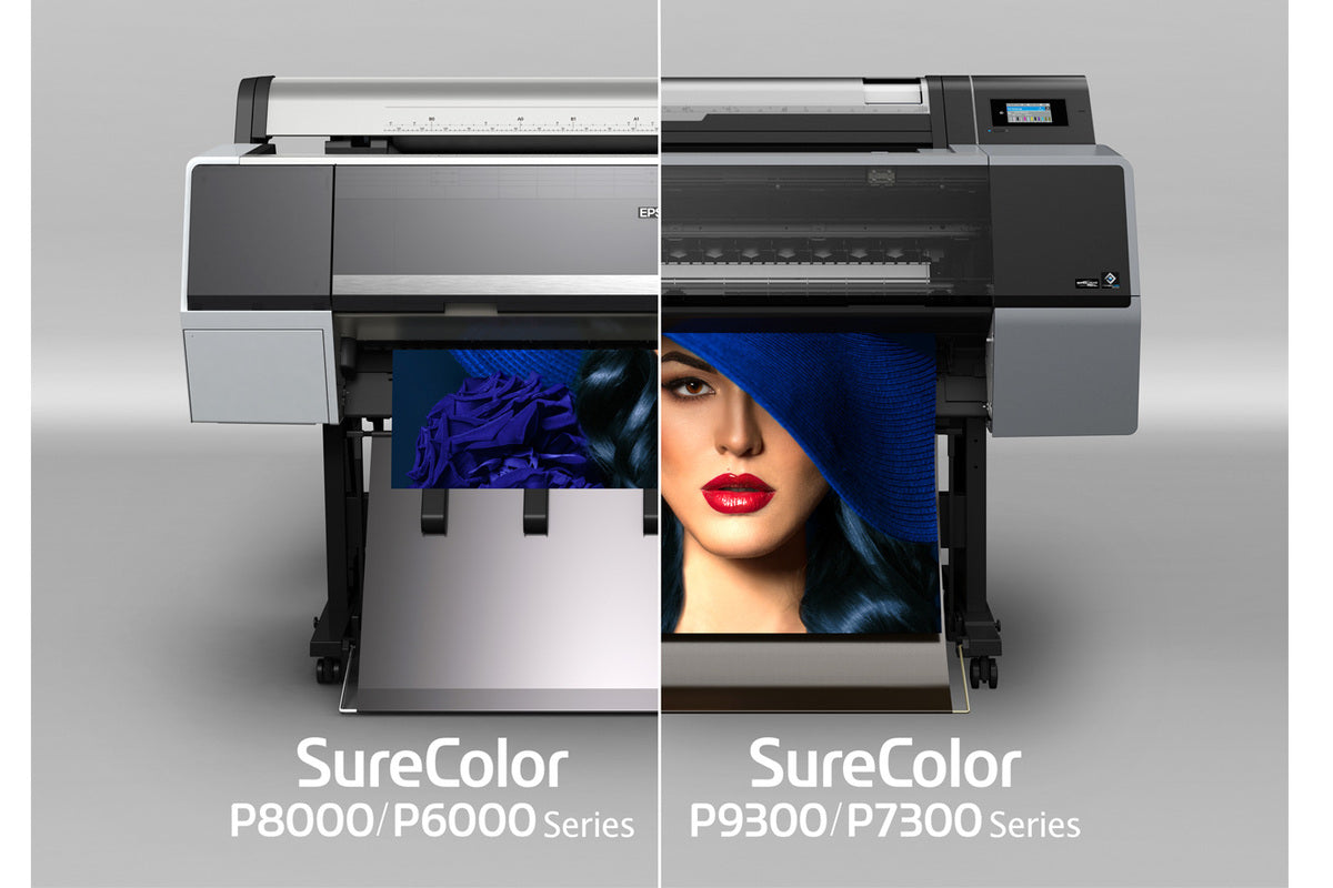 A split-screen image features two Epson SureColor wide-format printers. The left prints a blue geometric design, and the right displays a vivid portrait. Shown: Epson SureColor P9370 24" Wide Printer - SCP9370SE using UltraChrome PRO10 Ink for stunning quality.
