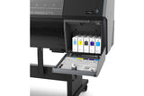 Close-up of an open ink compartment on the Epson SureColor P9370 44" Wide Printer, showing six labeled UltraChrome PRO10 ink cartridges in various colors arranged in a pull-out drawer.