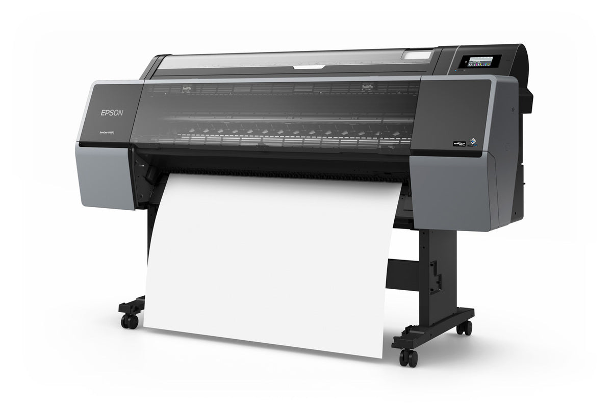 The Epson SureColor P9370 44" Wide Printer (SCP9370SE) is a large, wheeled printer with a right-side touchscreen panel, ideal for professional photography and delivering exceptional color quality with UltraChrome PRO10 Ink.