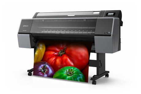 The Epson SureColor P9370 44" Wide Printer (SCP9370SE) from Epson prints vibrant, high-res images of colorful tomatoes on glossy paper, features a digital display panel, UltraChrome PRO10 Ink, and is mounted on wheels for professional use.