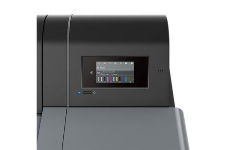 Close-up of the Epson SureColor P9370 44" Wide Printer's control panel showing its touchscreen with print status and UltraChrome PRO10 Ink levels, set against a plain white background.