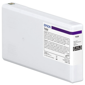The Epson SureColor P5370 Violet UltraChrome PRO10 Ink Cartridge (T55VD00) is a 200 ml archival pigment ink for the Epson SureColor P5370 printer, featuring a white body with a purple label and black text.