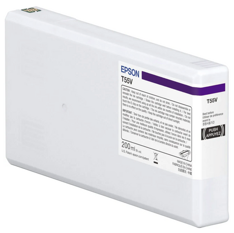 The Epson SureColor P5370 Violet UltraChrome PRO10 Ink Cartridge (T55VD00) is a 200 ml archival pigment ink for the Epson SureColor P5370 printer, featuring a white body with a purple label and black text.
