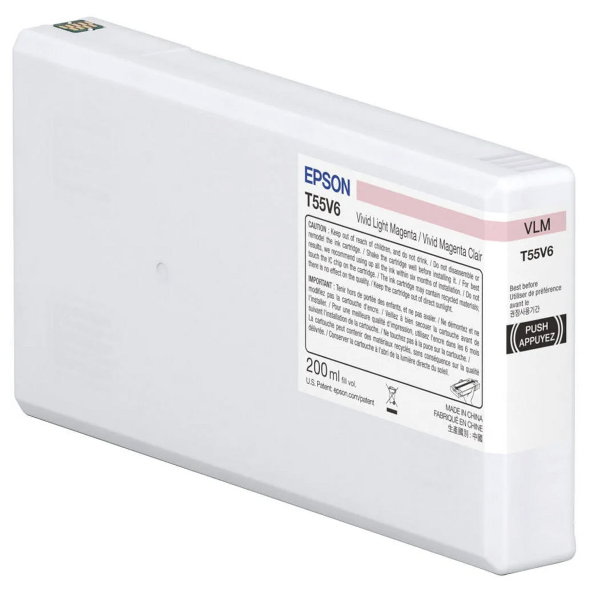 The Epson SureColor P5370 Vivid Light Magenta UltraChrome PRO10 Ink Cartridge (T55V600) holds 200 ml of archival pigment ink for the Epson SureColor P5370, featuring a pink and white label with product details and a PUSH button.