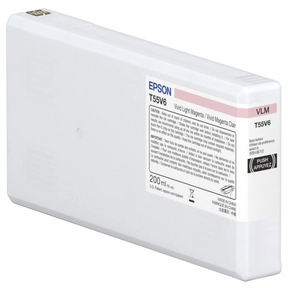 The Epson SureColor P5370 Vivid Light Magenta UltraChrome PRO10 Ink Cartridge (T55V600) holds 200 ml of archival pigment ink for the Epson SureColor P5370, featuring a pink and white label with product details and a PUSH button.