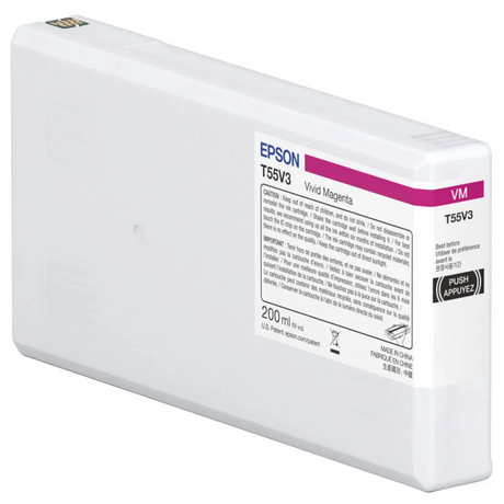 The Epson SureColor P5370 Vivid Magenta UltraChrome PRO10 Ink Cartridge (200 ml, T55V300) uses archival pigment ink for Epson SureColor P5370 printers, delivering professional-quality results. White body with magenta label and front product info.
