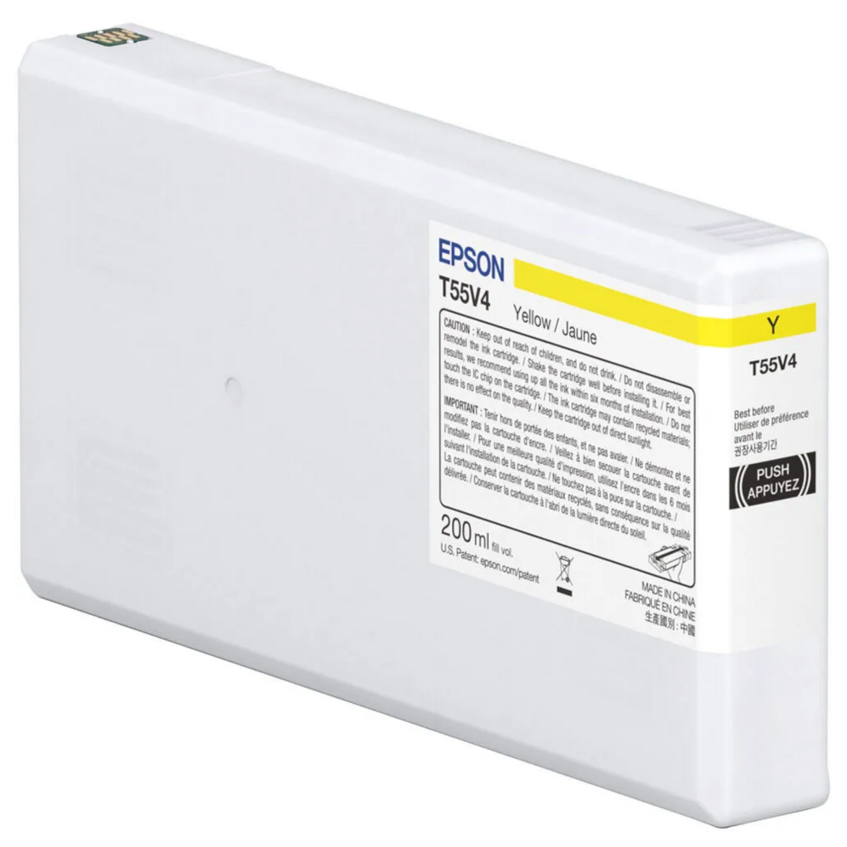 The Epson SureColor P5370 Yellow UltraChrome PRO10 Ink Cartridge (T55V400, 200ml) by Epson has a rectangular shape with a white body, yellow top label, black “Push” button, and contains archival pigment ink for lasting prints.