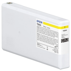 The Epson SureColor P5370 Yellow UltraChrome PRO10 Ink Cartridge (T55V400, 200ml) by Epson has a rectangular shape with a white body, yellow top label, black “Push” button, and contains archival pigment ink for lasting prints.