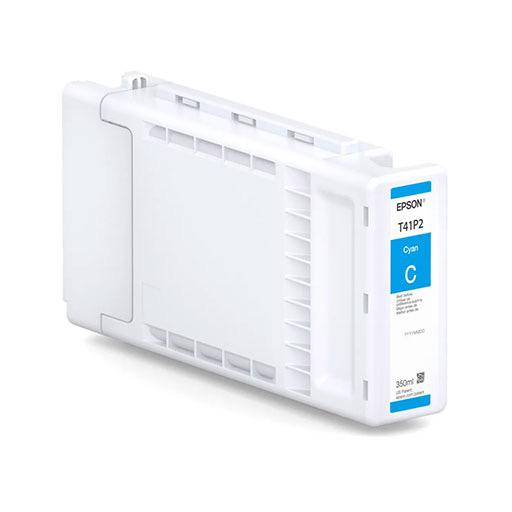 An Epson Cyan UltraChrome XD2 Ink Cartridge (350ml, T41P220) stands upright, showing blue and white labels and clear casing. Compatible with Epson SureColor T3475, it uses archival UltraChrome XD2 pigment ink for long-lasting prints.