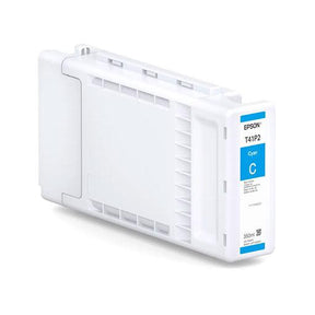 An Epson Cyan UltraChrome XD2 Ink Cartridge (350ml, T41P220) stands upright, showing blue and white labels and clear casing. Compatible with Epson SureColor T3475, it uses archival UltraChrome XD2 pigment ink for long-lasting prints.