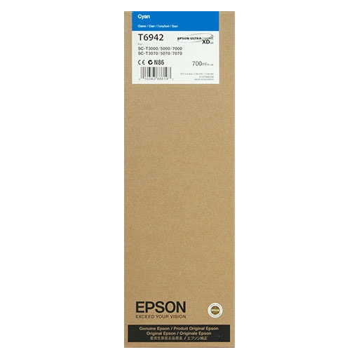 Epson Ultrachrome XD Cyan Ink Cartridge (T694200, 700 ml) in a rectangular brown box with black product details. Compatible with Epson SureColor T3270 and other SureColor T-Series printers. Brand: Epson.