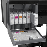 Close-up of the Epson SureColor P9570 44” Wide Printer’s open compartment showing seven Epson UltraChrome PRO12 Ink cartridges (GY, VM, VLM, OR, PK, Y, LGY) and printed panel instructions—ideal for pro photography.