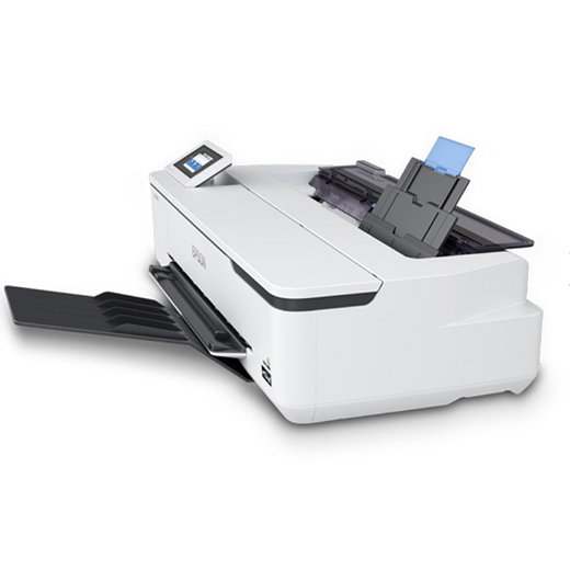 The Epson SureColor T3170M 24" Wireless Printer w/ Integrated Scanner by Epson is a white wireless large format printer featuring a touchscreen, rear tray for paper loading, and an open front output tray.