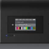 Close-up of the Epson SureColor P9570 44” Wide Printer control panel showing "Ready to print," Premium Luster 260 paper, UltraChrome PRO12 Ink levels, and a blue indicator light—ideal for professional photography.