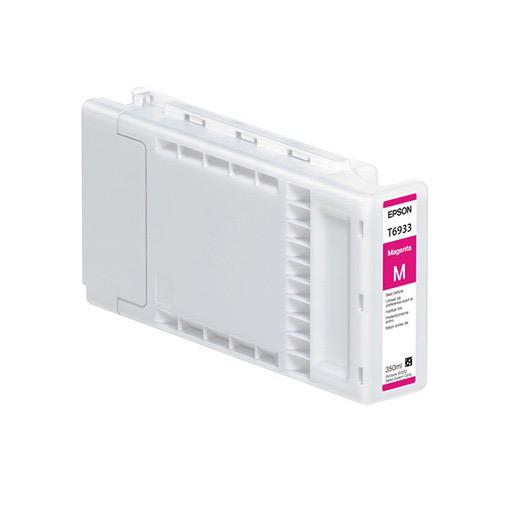 An Epson Magenta UltraChrome XD Ink Cartridge (350ml, T693300) with a pink label and model details is shown on a white background. Perfect for Epson SureColor T-Series printers.