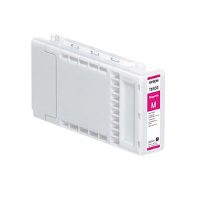 An Epson Magenta UltraChrome XD Ink Cartridge (350ml, T693300) with a pink label and model details is shown on a white background. Perfect for Epson SureColor T-Series printers.