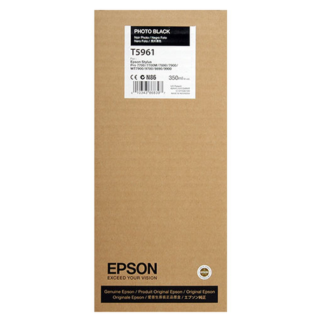 Epson Photo Black UltraChrome HDR Ink Cartridge (350ml, T596100) in a brown cardboard box with a white and black label. For Epson Stylus Pro printers. Features Epson logo and "EXCEED YOUR VISION" at the bottom.