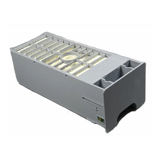 The Epson SureColor P & T Series Maintenance Tank - T699700 is a rectangular gray cartridge with a grated top, side label, and open slot, designed as a maintenance tank for Epson printers.