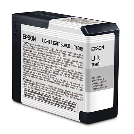The Epson Pro 3800/3880 Light Light Black Ink Cartridge 80ml (T580900) by Epson features UltraChrome K3 ink, archival quality, and has safety instructions and info on the front in several languages.