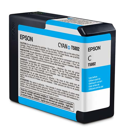 The Epson Pro 3800 / 3880 Cyan Ink Cartridge 80ml (T580200) features UltraChrome K3 pigment ink and a rectangular black design with a blue and white multilingual label.