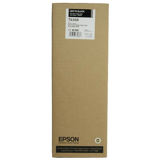A brown rectangular Epson Matte Black UltraChrome HDR Ink Cartridge box (700ml, T636800) for Stylus Pro displays branding and product details on the front.