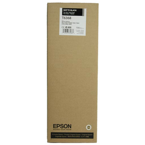 A brown rectangular Epson Matte Black UltraChrome HDR Ink Cartridge box (700ml, T636800) for Stylus Pro displays branding and product details on the front.