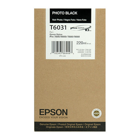 The Epson Photo Black Ultrachrome K3 Ink Cartridge (220ml, T603100) delivers outstanding, archival-quality prints for Stylus Pro 7800/9800/7880/9880. Packaged in a brown box with black and white Epson-branded labels.